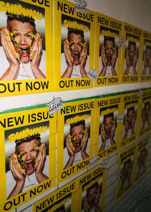Wall covered in Sandwich Magazine covers featuring Gordon Ramsay