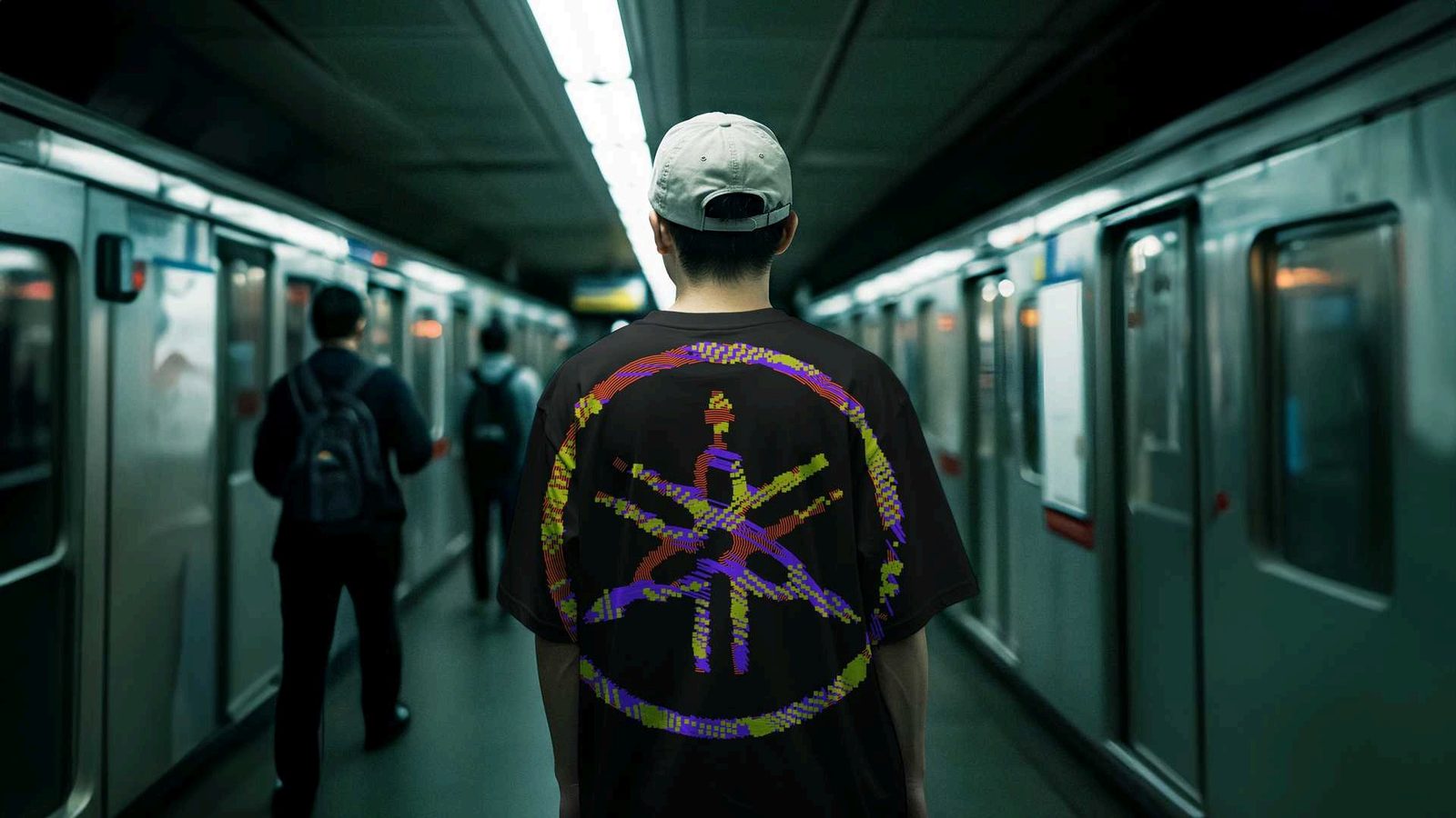Back of a t-shirt with a generative Yamaha graphic, in a subway